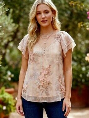 Blush Floral Ruffle Sleeve Blouse with Gold Accents